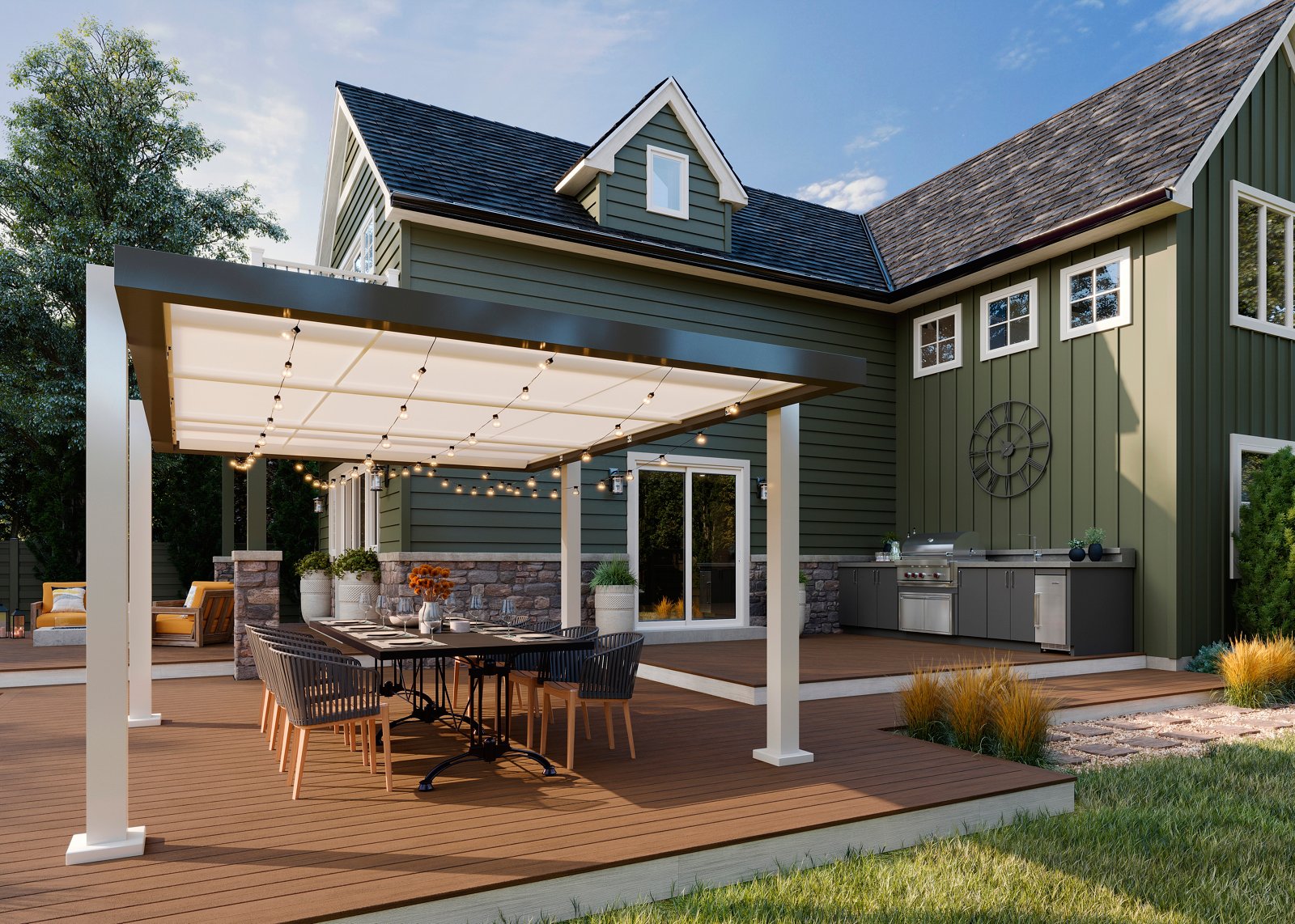 Patio en composite Trex Transcend Lineage Jasper avec pergola, salle à manger et cuisine extérieure